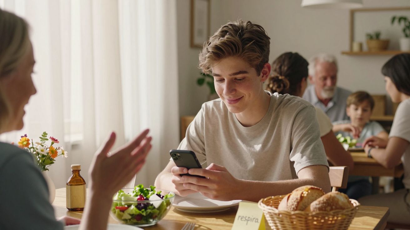 Jovem sentado à mesa de jantar com a família, a olhar para o telemóvel, com salada e pão na mesa.