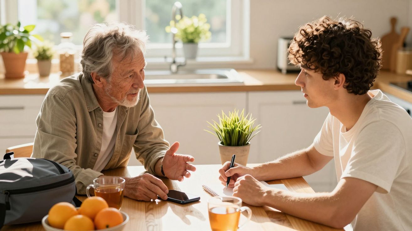 Homem idoso e jovem conversam em cozinha iluminada por sol; mesa com chávenas, bloco de notas e laranjas.