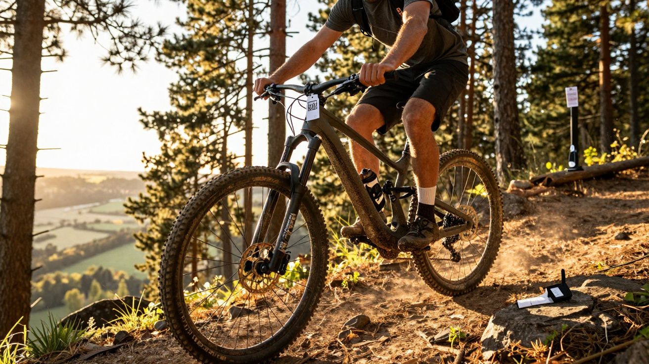 Ciclista de mountain bike num trilho florestal, rodeado por árvores e luz do sol filtrada.