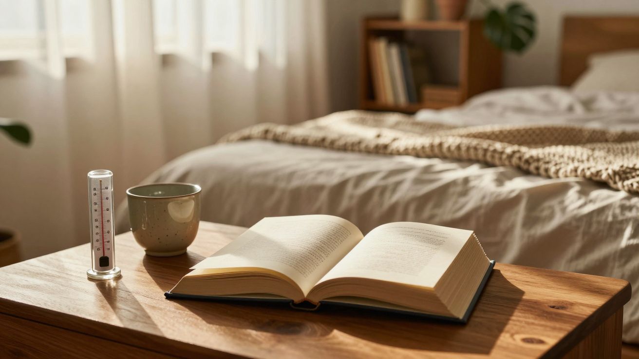 Livro aberto e chávena verde em mesa de madeira junto a cama com edredão bege em quarto iluminado.