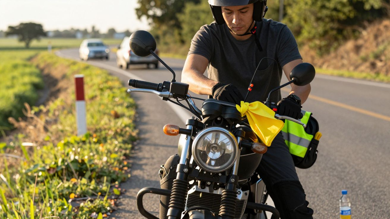 Homem de capacete arruma moto à beira de estrada rural ensolarada, carro ao fundo.