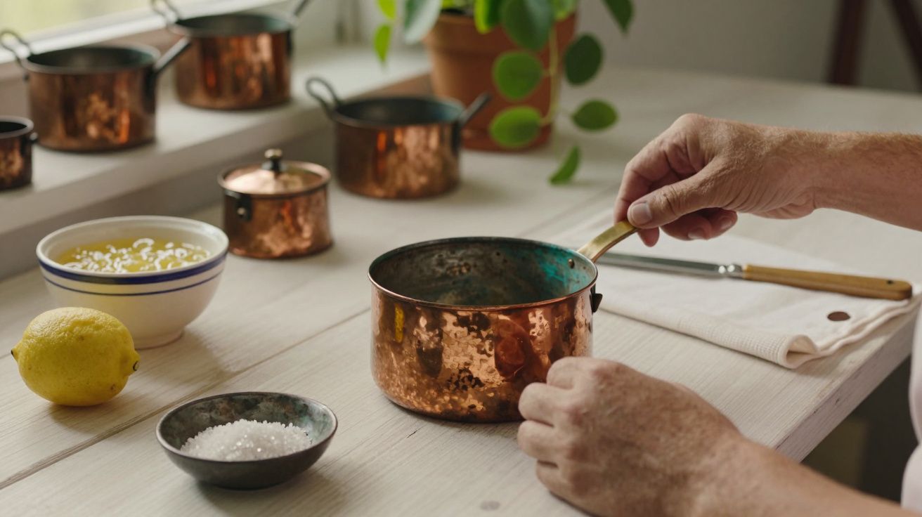 Mãos segurando um tacho de cobre sobre uma mesa com limão, sal, taça e outras panelas ao fundo.