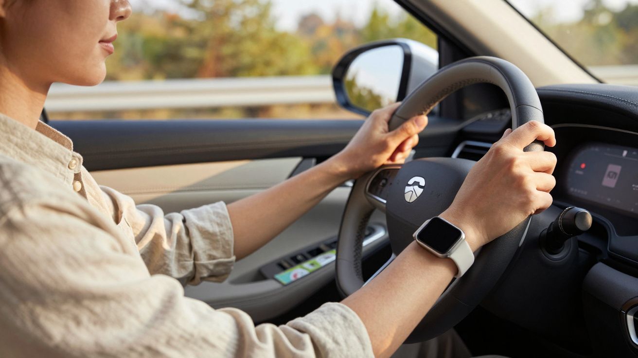 Pessoa a conduzir um carro moderno, usando relógio inteligente. Volante e painel de controlo visíveis.