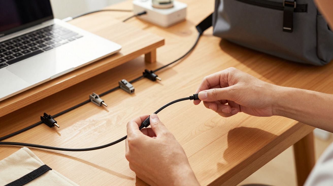 Pessoa conectando cabo USB em mesa com computador portátil.