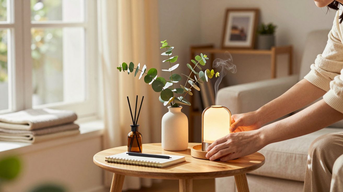 Mesa de madeira com candeeiro aceso, vaso com folhas de eucalipto e difusor de aromas. Mãos ajustando o candeeiro.