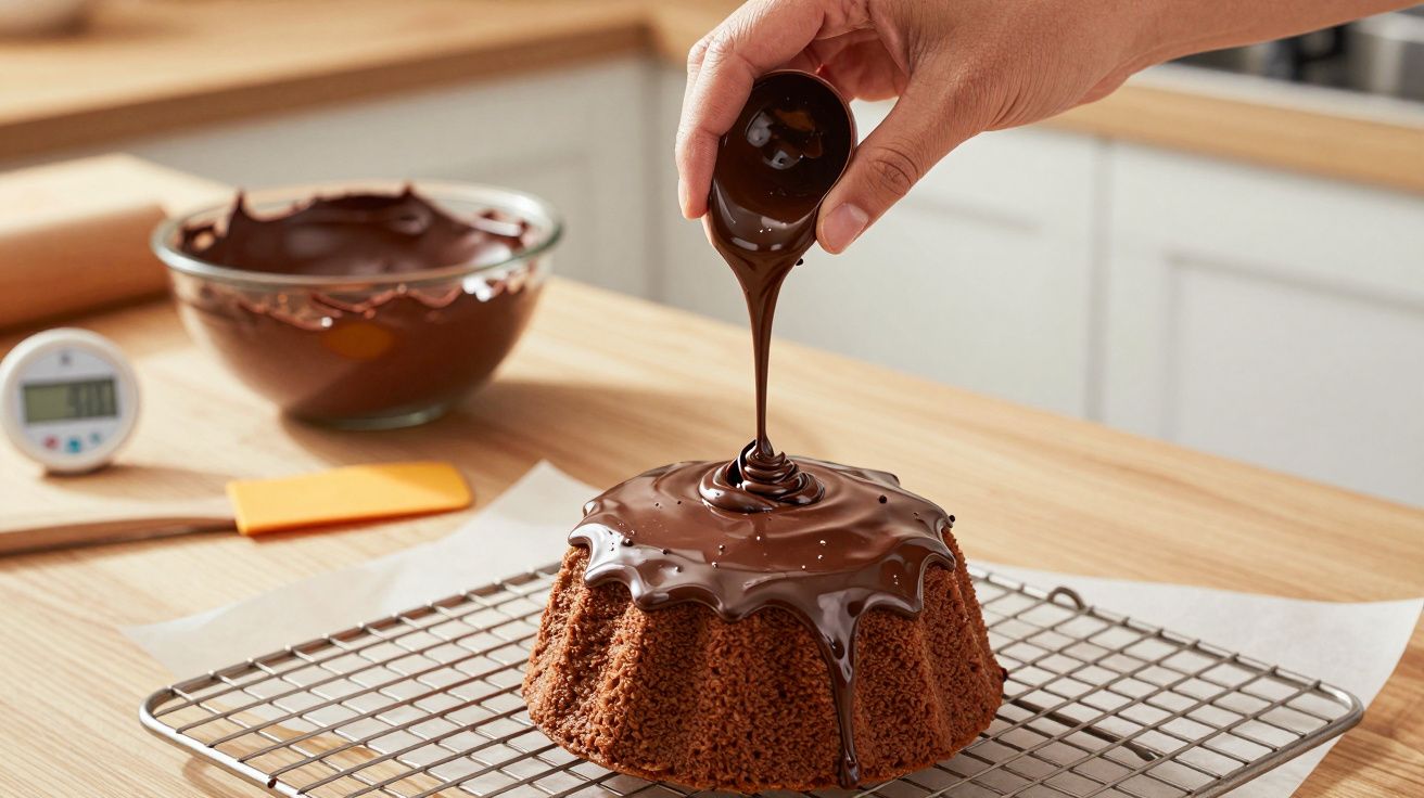 Mão a verter chocolate derretido sobre um bolo arrefecido numa grelha, com utensílios ao fundo numa cozinha.