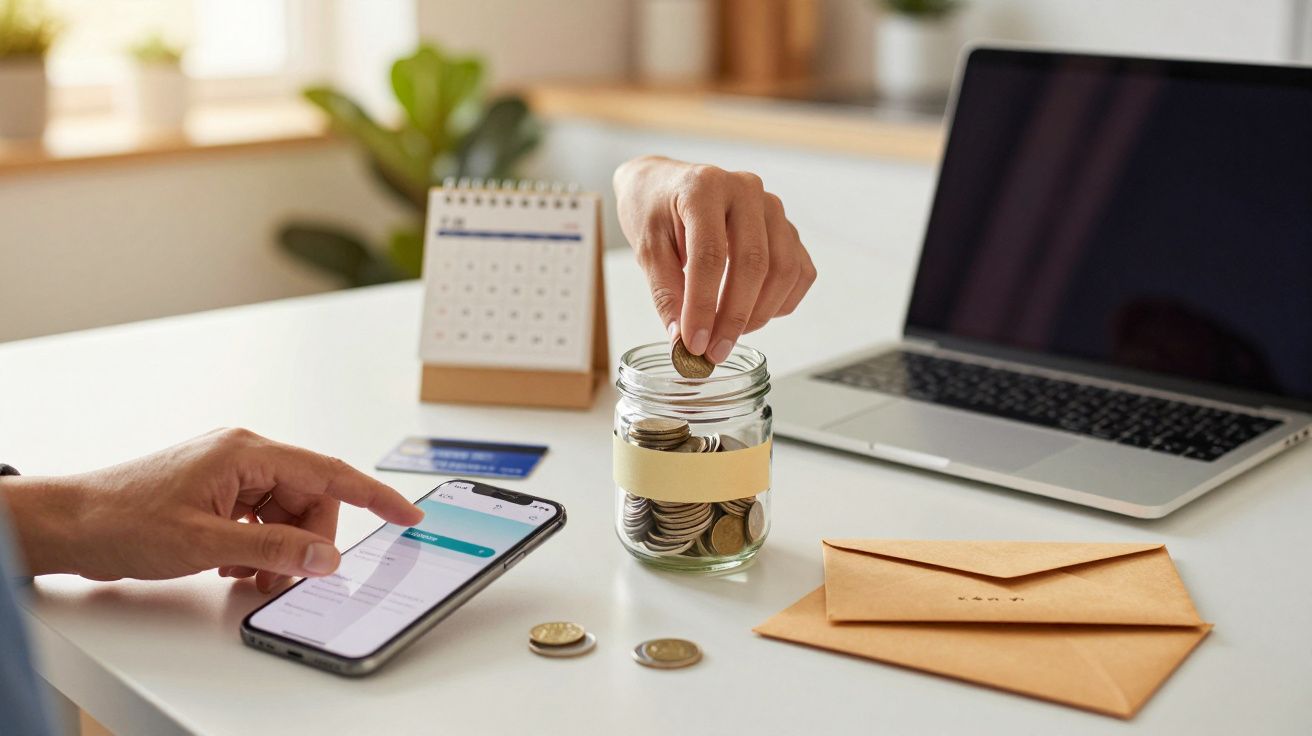 Pessoa a gerir finanças num smartphone enquanto coloca moedas num frasco, com portátil e envelope na mesa.