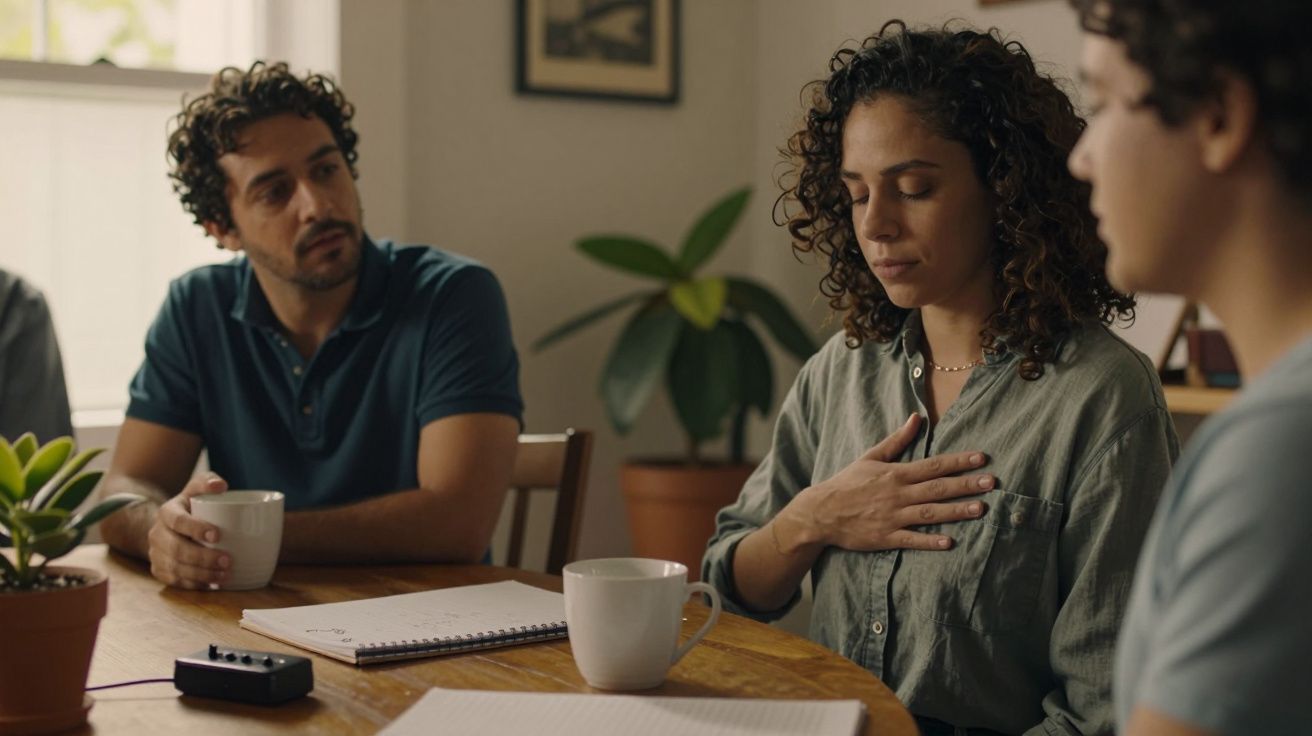 Três pessoas sentadas à mesa, uma delas com mão no peito, expressando calma. Há chávenas e cadernos sobre a mesa.