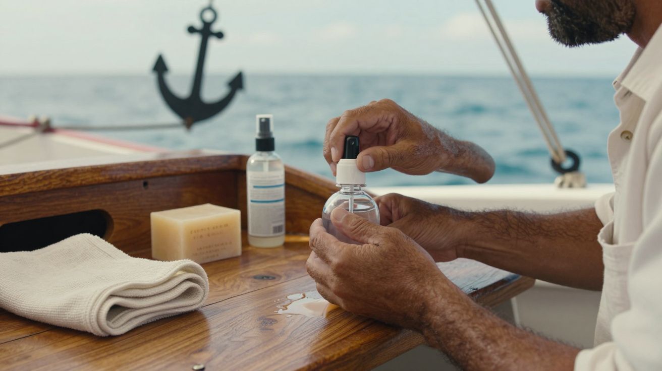 Homem em barco aplicando loção nas mãos, perto de toalha e sabonete, mar ao fundo com âncora visível.