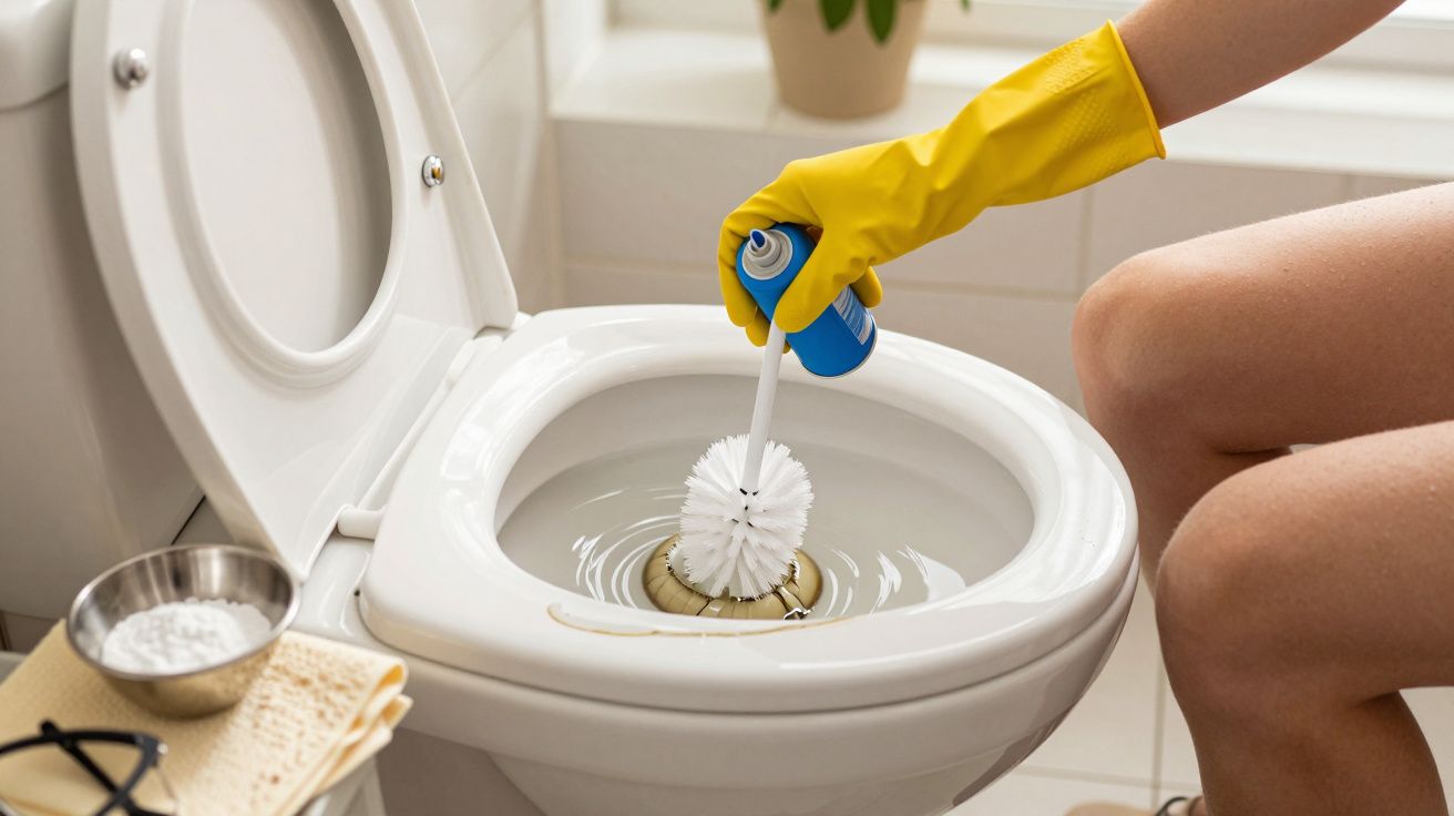 Pessoa com luva amarela a limpar sanita com escova e spray.