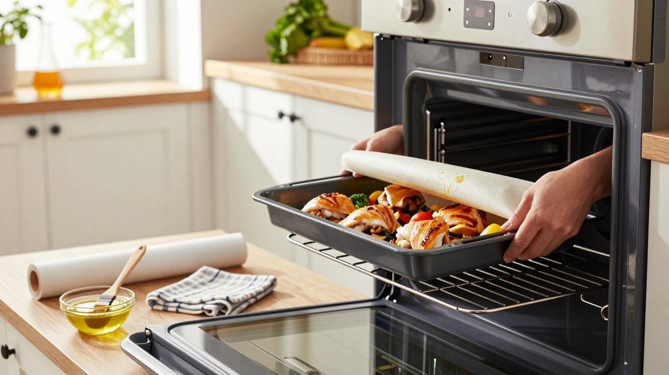 Pessoa coloca tabuleiro com vegetais no forno, numa cozinha moderna e iluminada.