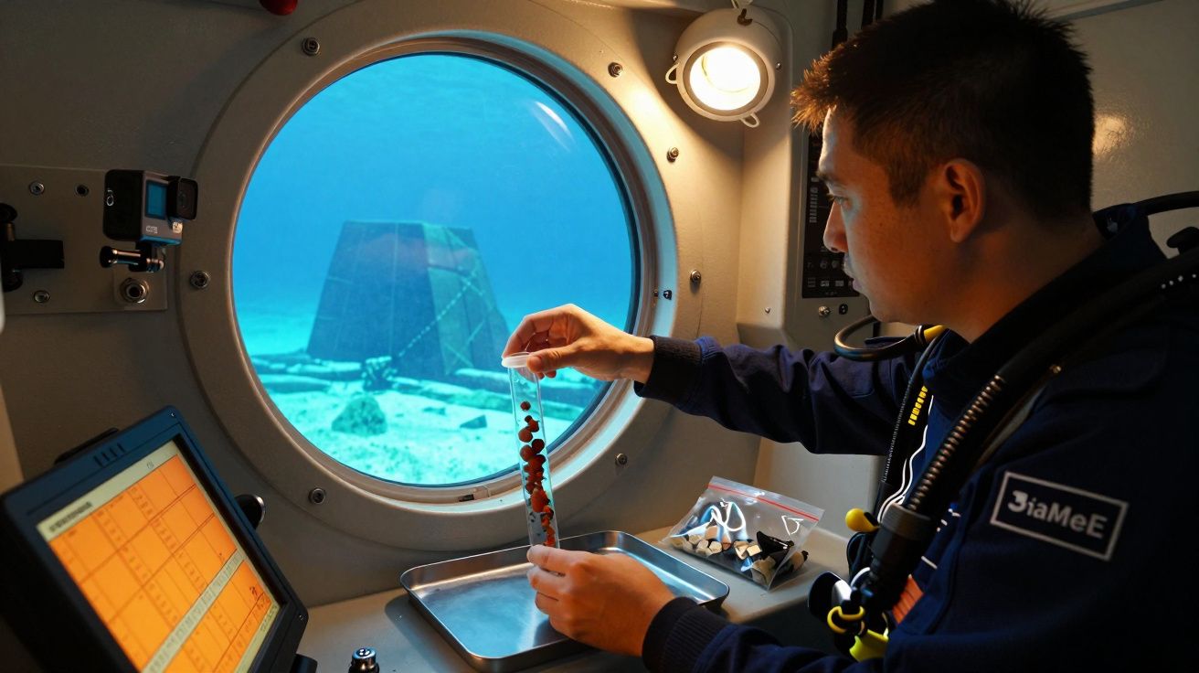 Homem numa cabine submarina analisa amostras enquanto observa estrutura subaquática através de uma vigia circular.