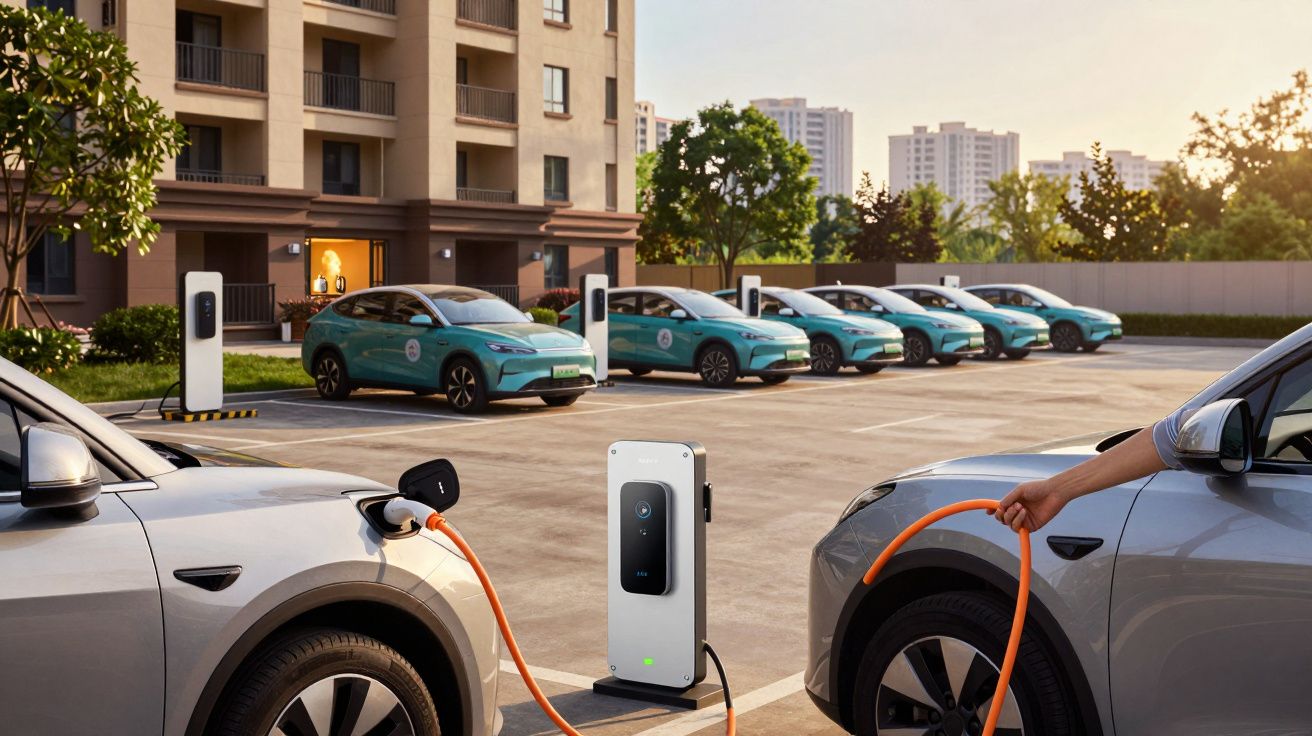 Carros elétricos a carregar em estações de carregamento num parque de estacionamento urbano com edifícios ao fundo.