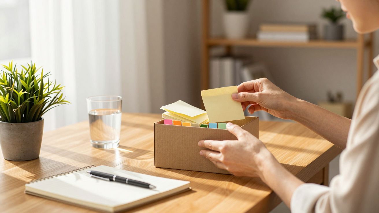 Pessoa a retirar nota adesiva de caixa num escritório, com caderno, caneta e planta sobre a mesa de madeira.