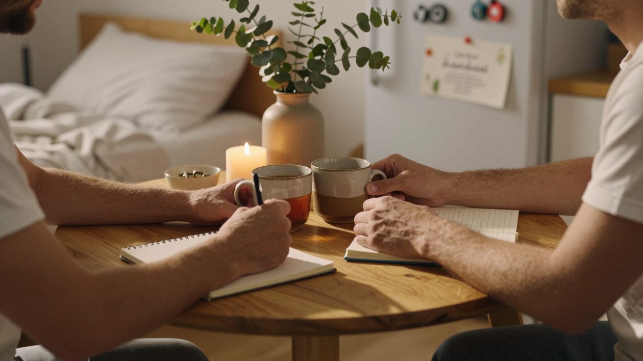 Duas pessoas a beber café e a escrever num caderno, sentadas numa mesa com vela e planta em vaso.