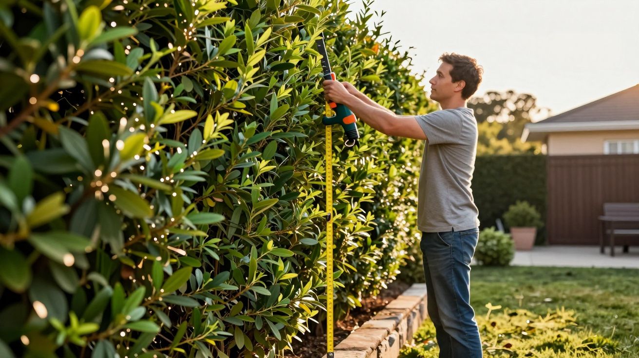Homem a podar arbustos verdes no jardim com uma ferramenta elétrica sob a luz do sol.