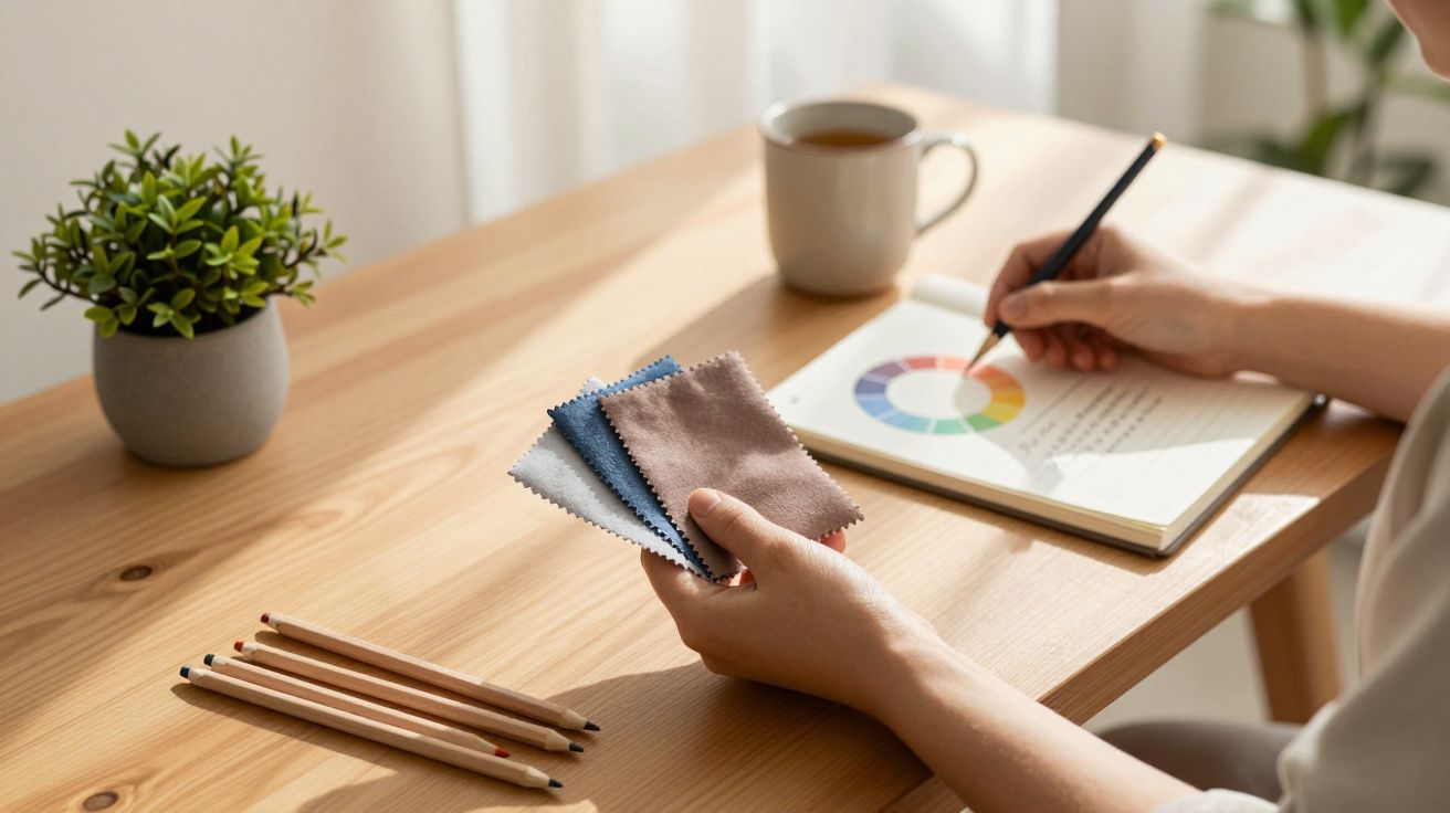 Pessoa segura amostras de tecido enquanto desenha círculo cromático numa mesa de madeira com lápis e planta.