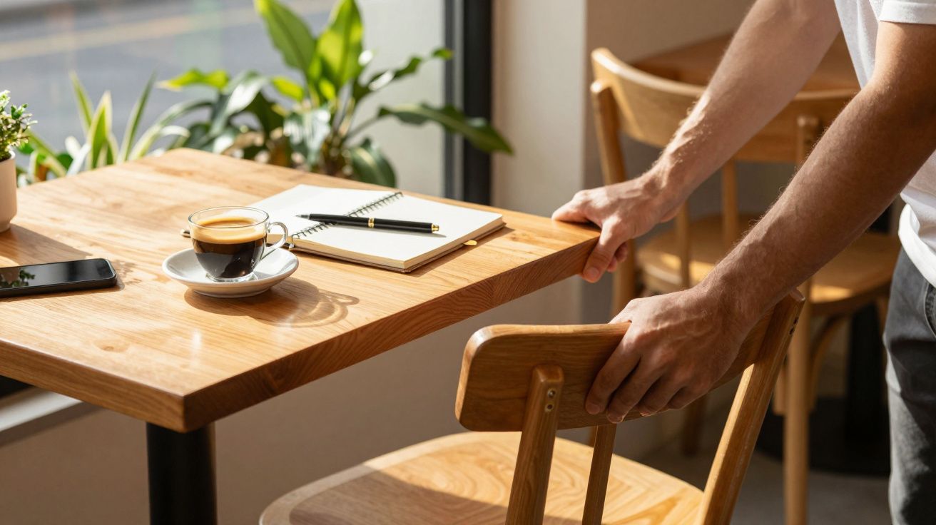 Pessoa ajusta uma cadeira de madeira ao lado de uma mesa com café, caderno e telemóvel, iluminada por luz natural.