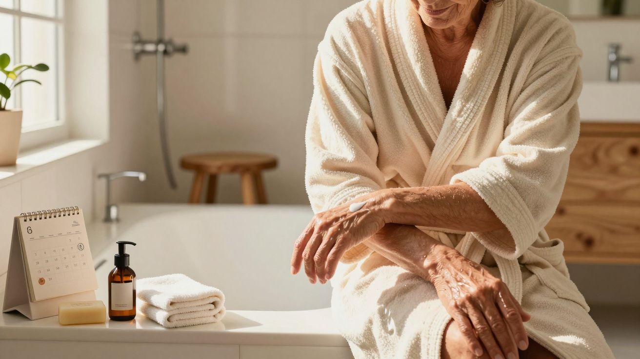 Pessoa de roupão branco passa creme no braço sentada na borda de uma banheira, com toalha, sabonete e calendário ao lado.