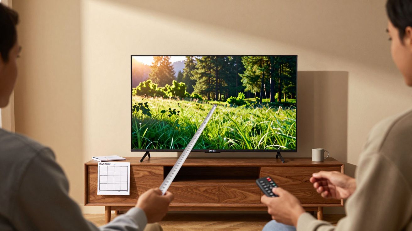 Duas pessoas a medir a diagonal de uma televisão, com uma imagem de natureza no ecrã.