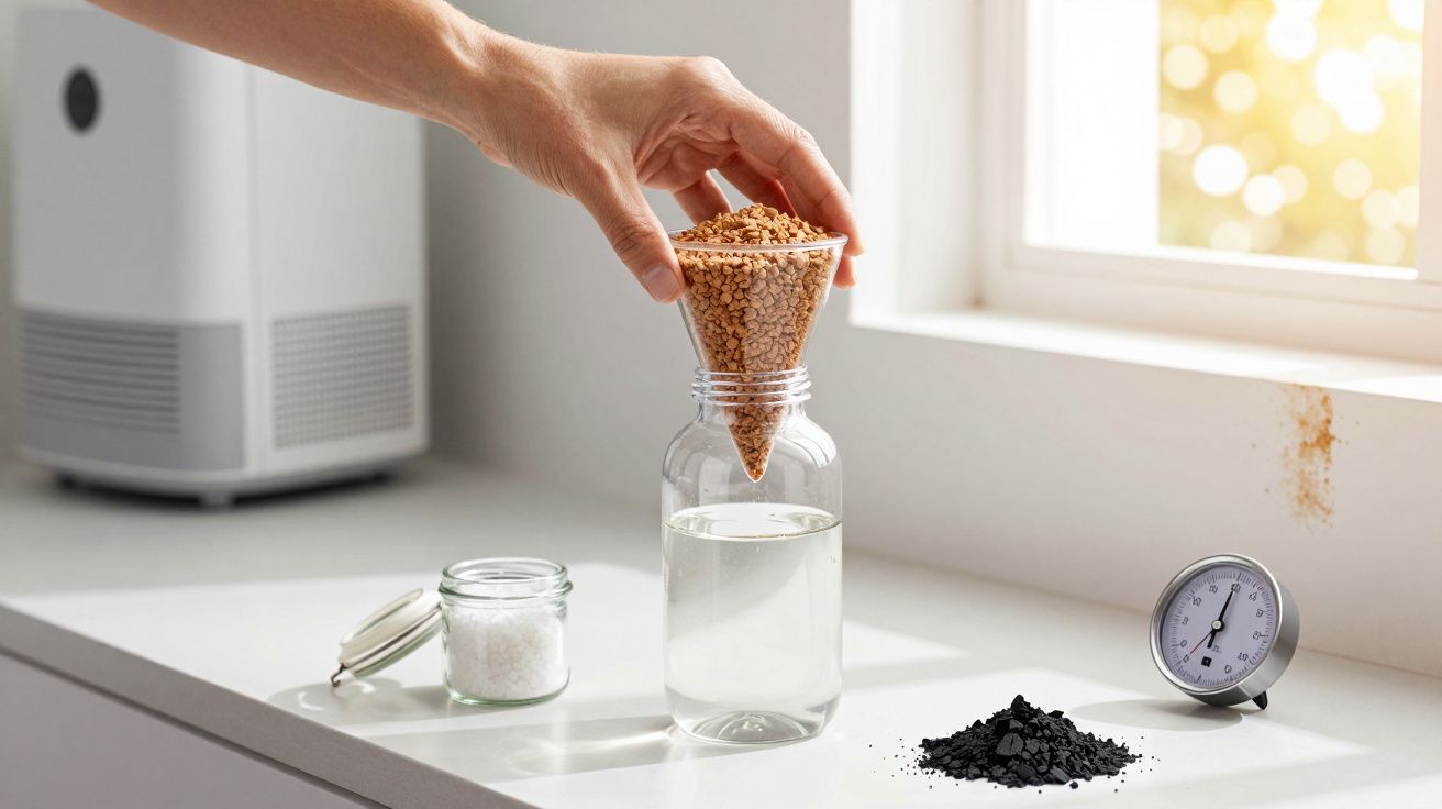 Mão segurando filtro de café cónico sobre frasco com água em bancada ao lado de frasco de sal, termómetro e carvão.