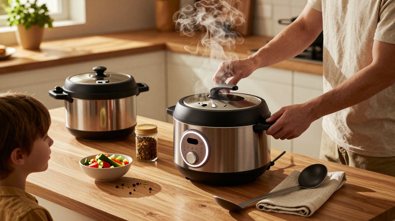 Homem a cozinhar com panela elétrica numa cozinha moderna, enquanto uma criança observa. Há também uma saladeira colorida.