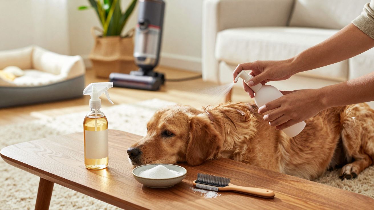 Pessoa a aplicar spray em cão deitado, rodeado de produtos de cuidados no sofá da sala.