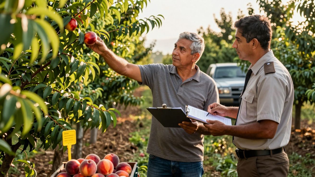 Homens verificam pêssegos numa plantação; um segura um bloco de notas, outro inspeciona a fruta na árvore.