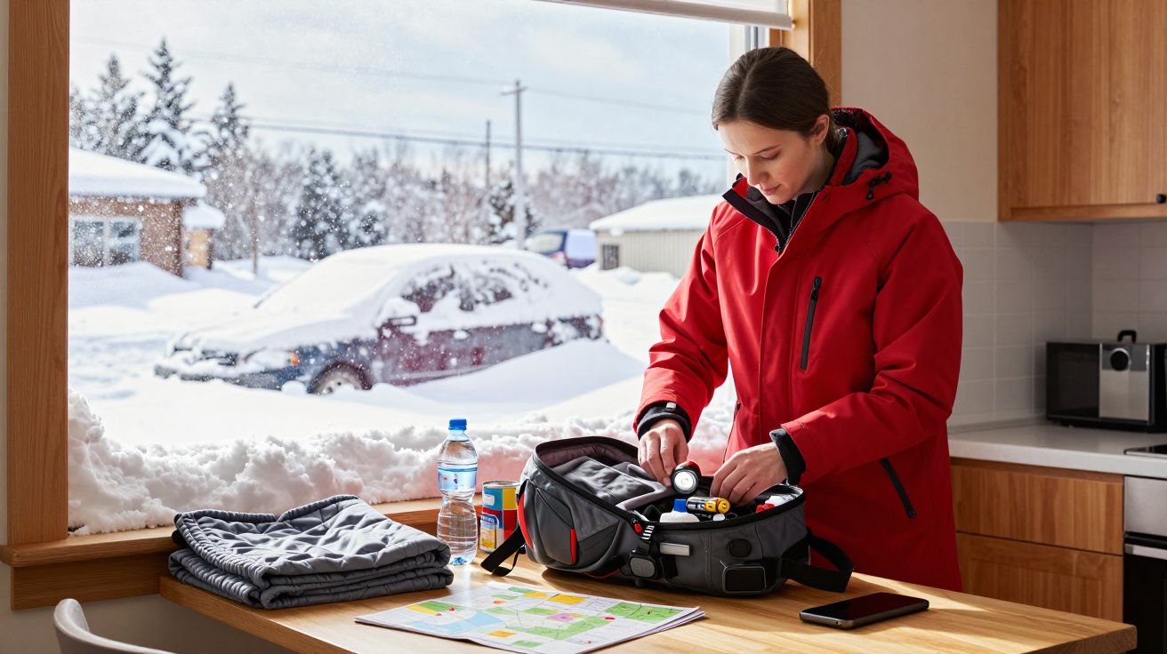 Mulher de casaco vermelho prepara mochila numa cozinha, com vista para carro coberto de neve através da janela.