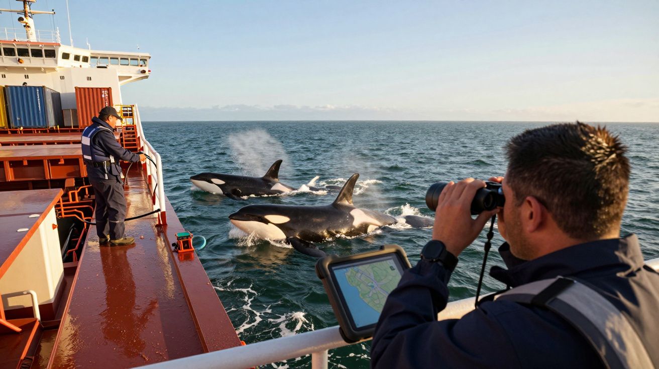 Tripulação observa orcas nadando ao lado de navio de carga em mar aberto, ao entardecer.