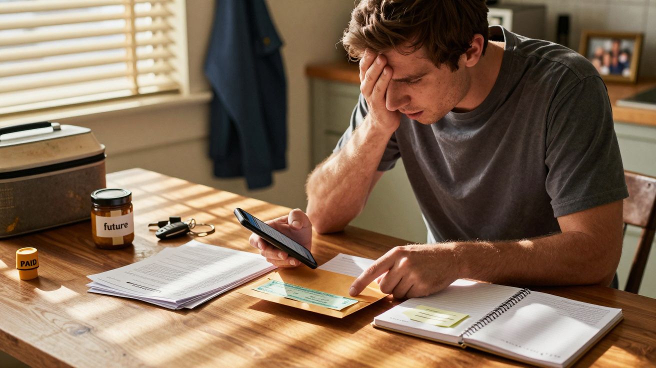 Homem preocupado verifica contas e documentos na mesa com telefone na mão e a outra mão na testa.