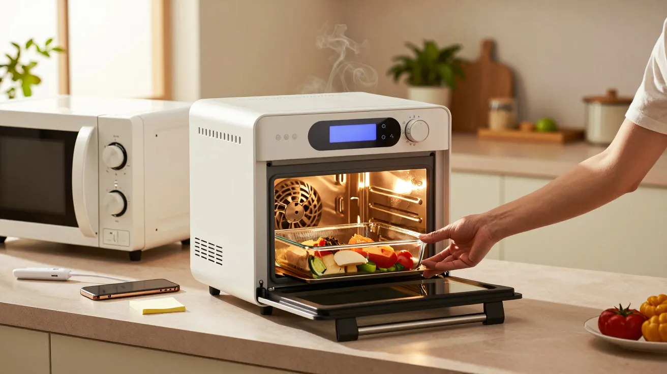 Pessoa a colocar tabuleiro de legumes num forno elétrico pequeno, na cozinha.