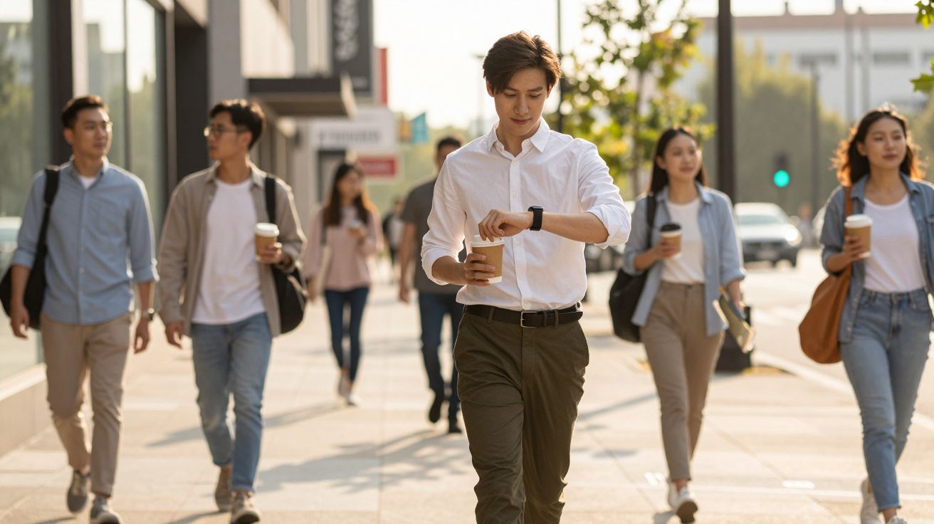 Homem caminha numa rua movimentada, segurando café e verificando o relógio; várias pessoas ao fundo.
