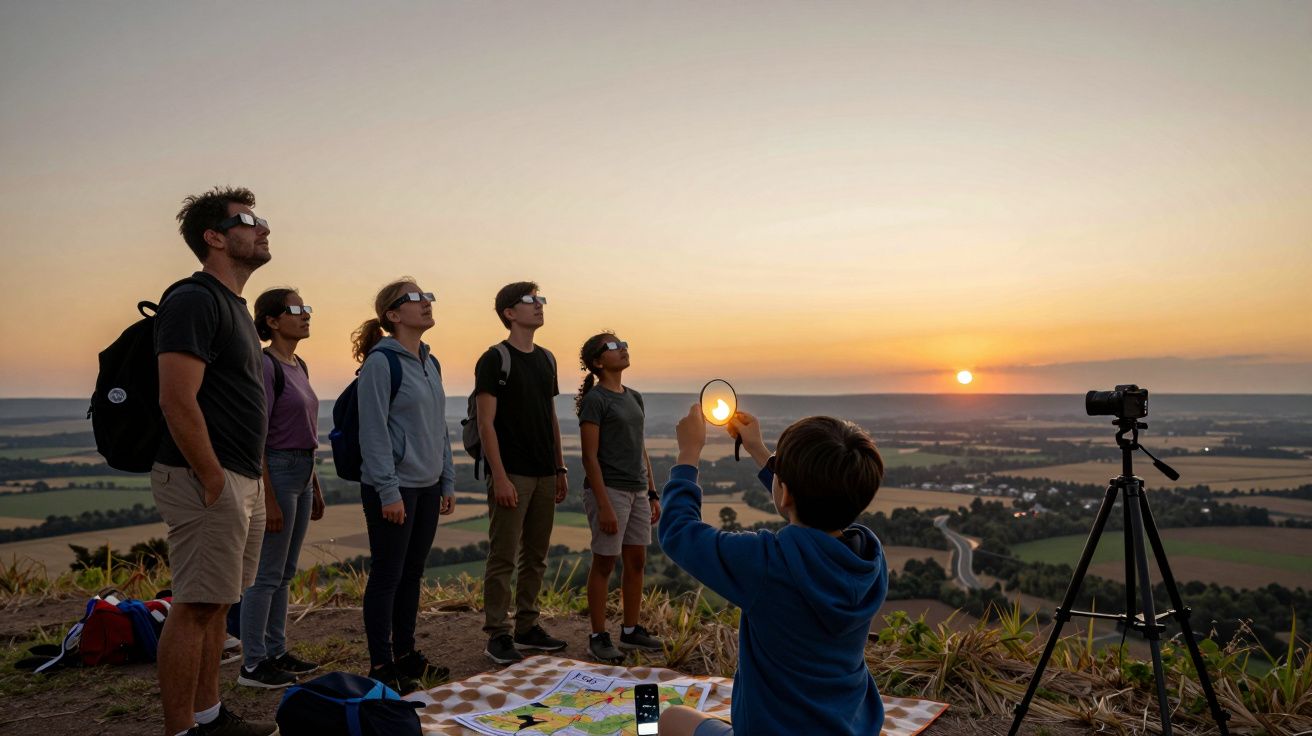 Grupo de pessoas com óculos de proteção observa o pôr do sol numa paisagem ampla, com um tripé de câmara ao lado.
