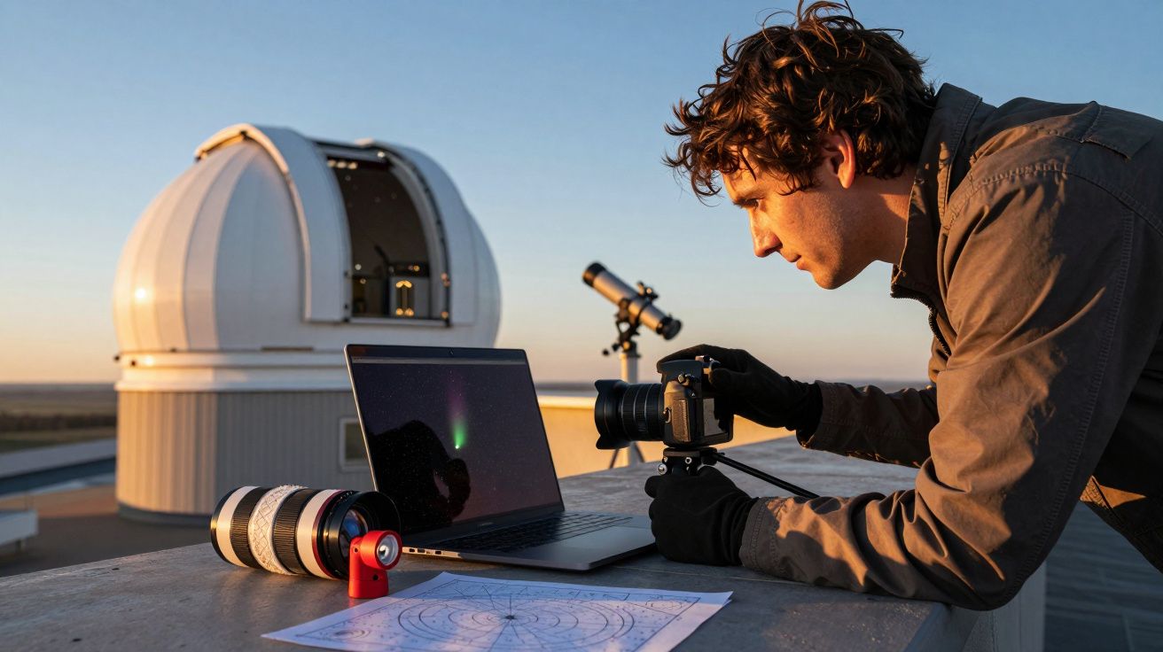Astrónomo observa com câmara e portátil num observatório ao pôr do sol, telescópio e cúpula ao fundo.