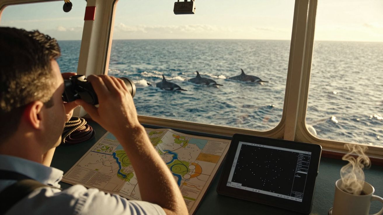Homem observa golfinhos no mar com binóculos, mapas e tablet sobre a mesa e uma caneca fumegante.