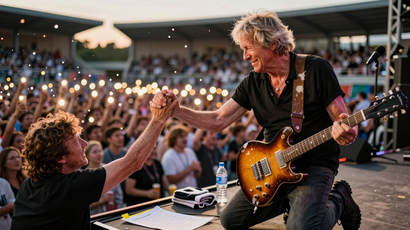 Músico de guitarra elétrica cumprimenta fã durante concerto ao ar livre com público ao fundo acenando luzes.
