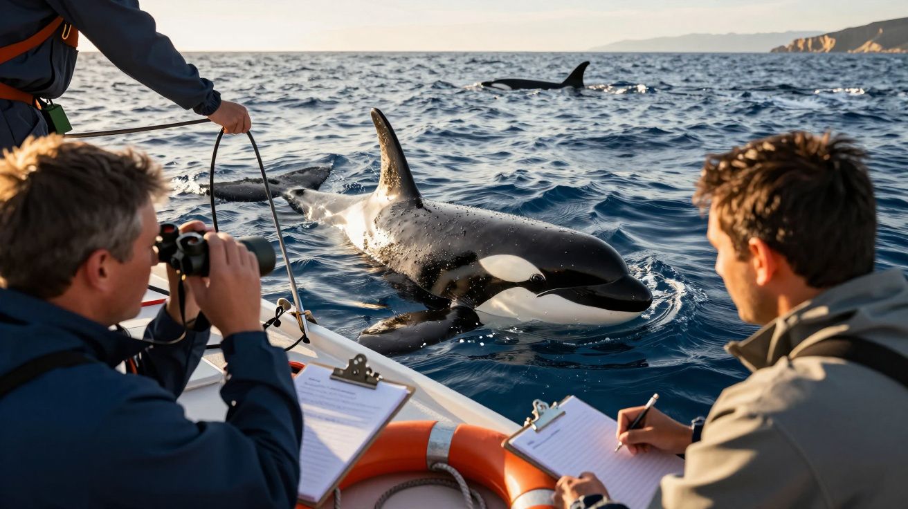 Investigadores observam orcas no mar a partir de um barco, anotando observações enquanto uma orca se aproxima.