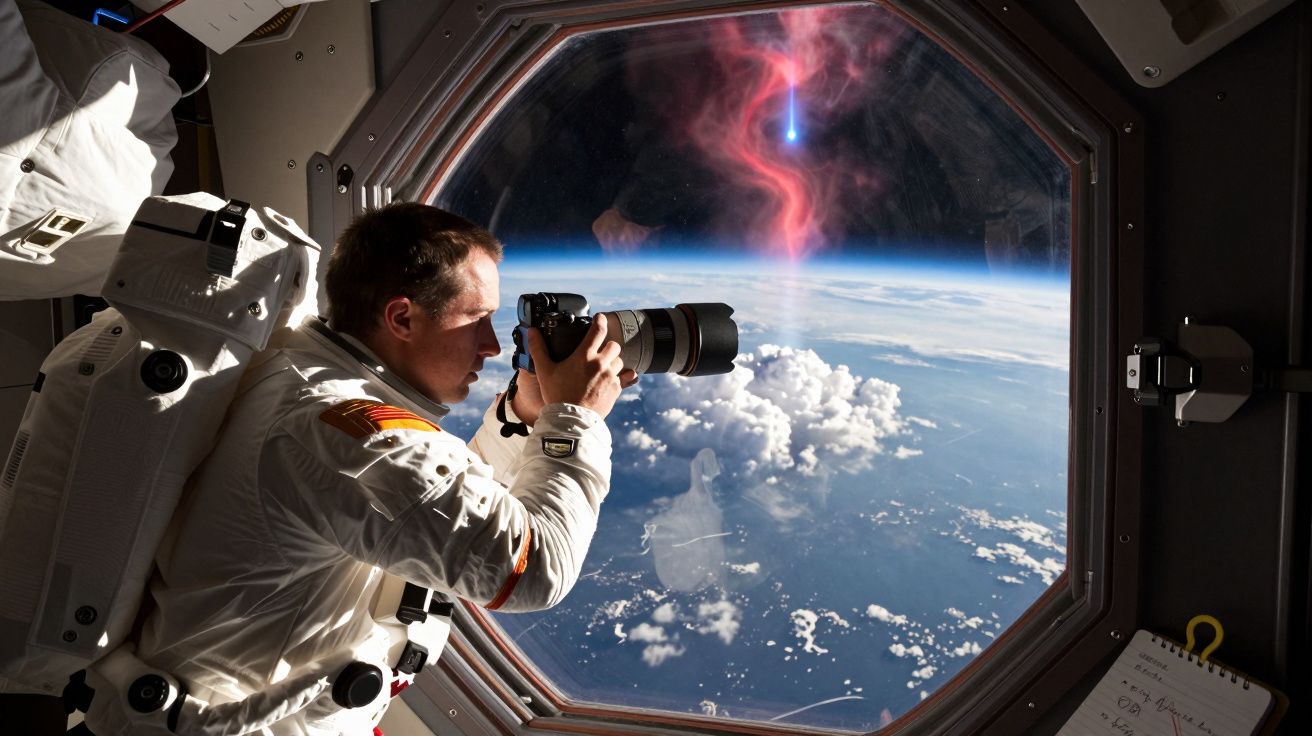 Astronauta tira foto da Terra através de janela na estação espacial, com atmosfera e céu azul visíveis.