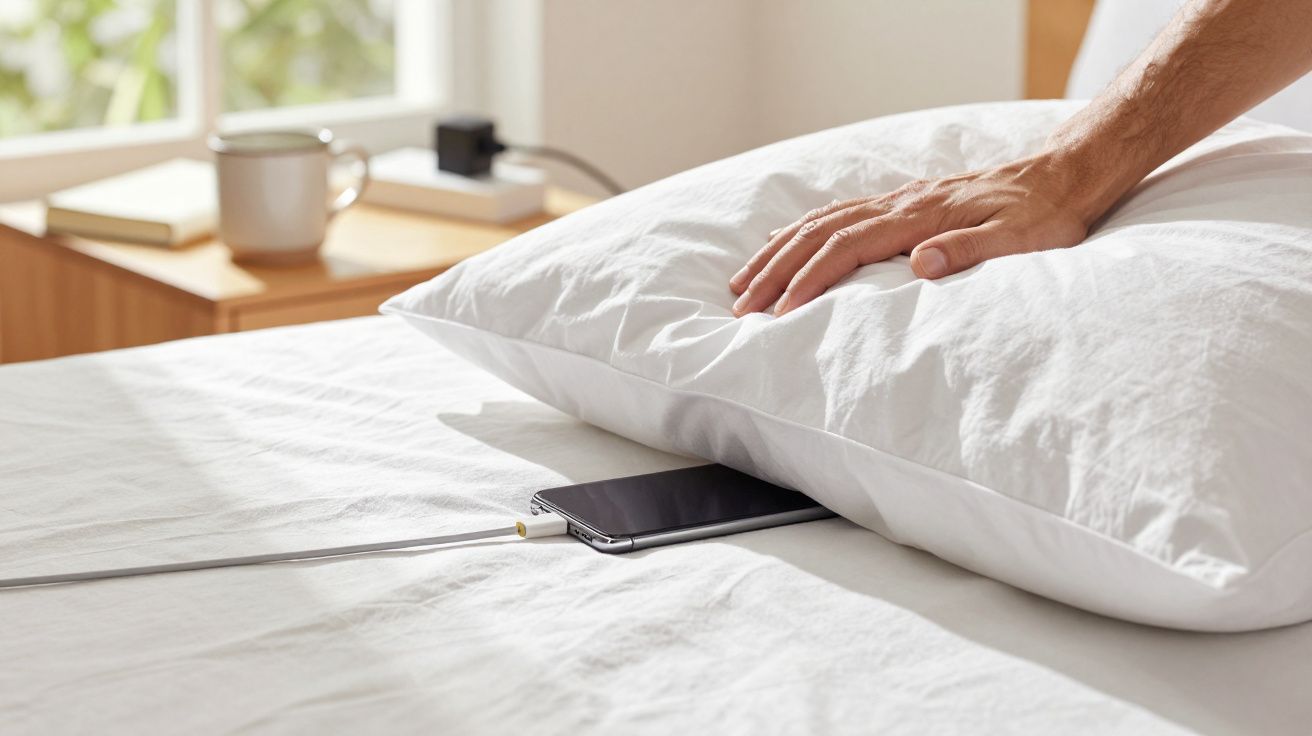 Smartphone a carregar debaixo de uma almofada branca numa cama, com mão a ajustar a almofada.