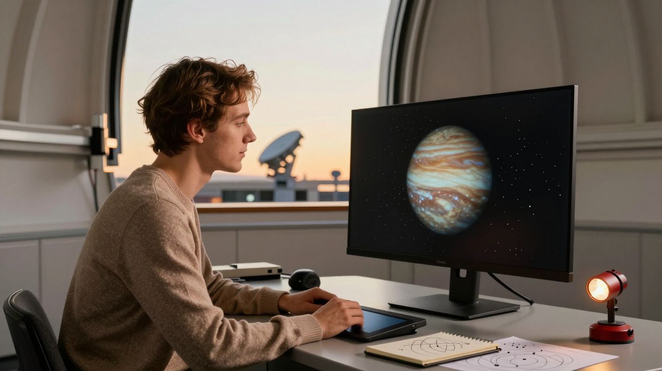 Homem observa Júpiter num monitor num observatório ao pôr do sol.