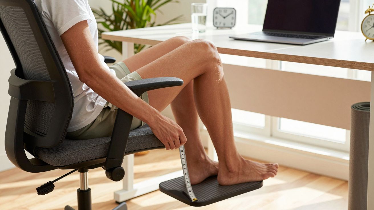 Pessoa sentada, ajustando a altura de um apoio para os pés, ao lado de uma secretária com portátil e relógio.