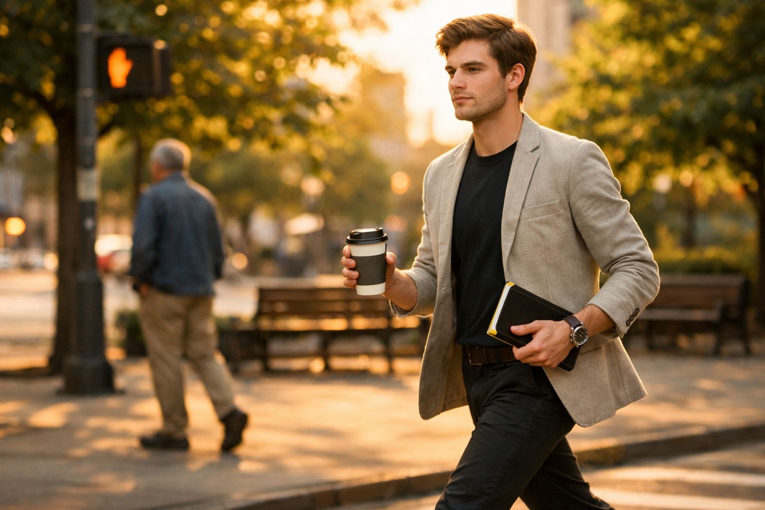 Homem a caminhar numa rua com roupa casual, segurando café e bloco de notas, durante a tarde.