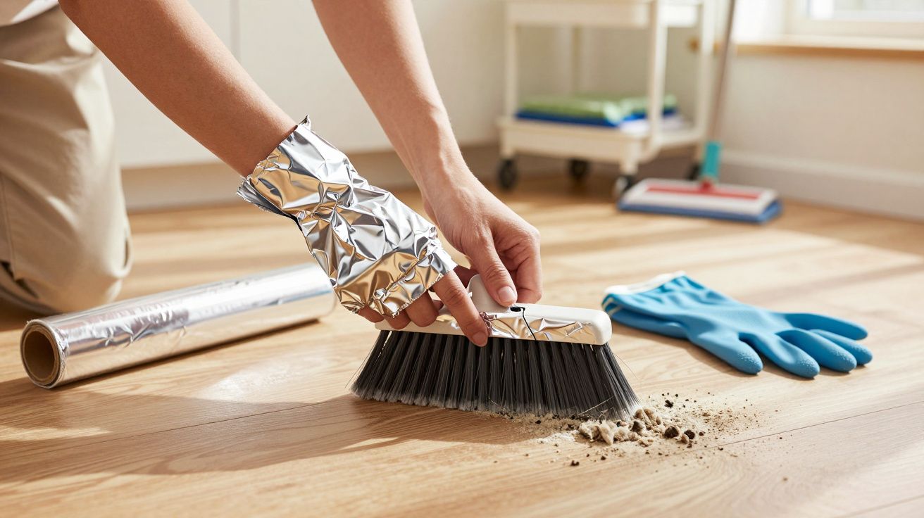 Pessoa a varrer o chão de madeira com vassoura, usando luvas de alumínio. Luvas azuis e rolo à vista.