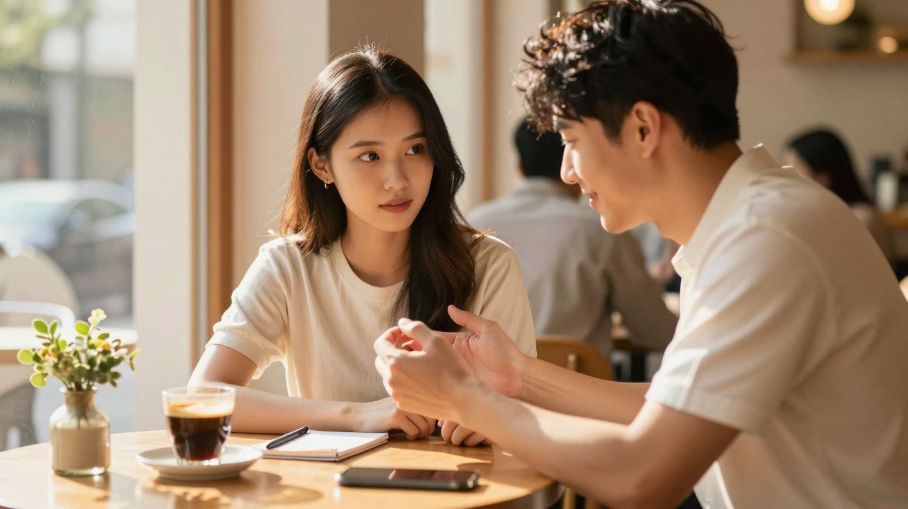 Duas pessoas conversam numa cafeteria, com bebidas na mesa e luz natural entrando pela janela.