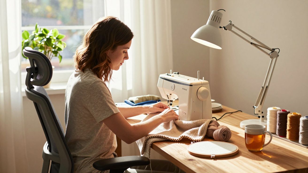 Mulher a costurar numa máquina com luz de mesa, rodeada de linhas e chá, numa sala iluminada pelo sol.
