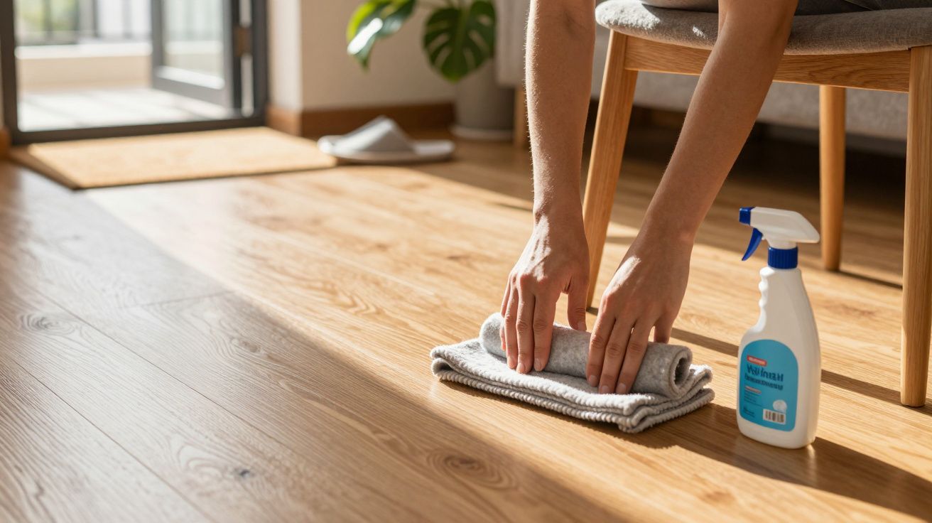 Pessoa limpando chão de madeira com pano e spray de limpeza ao lado de uma cadeira.