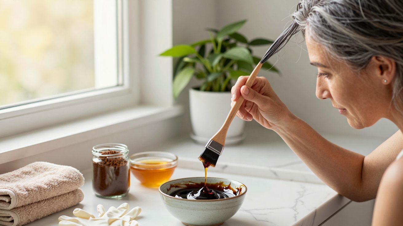 Mulher aplicando máscara caseira com pincel, perto de janela, com plantas e toalhas ao fundo.