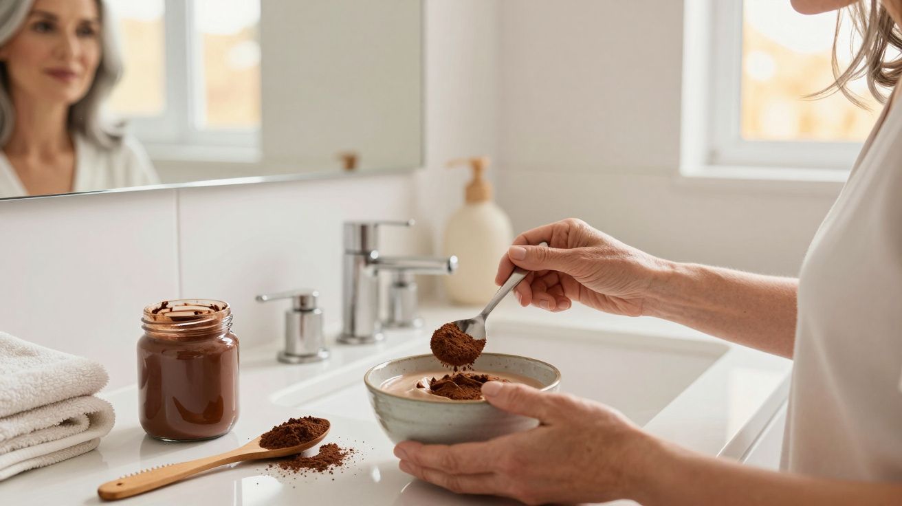 Mulher prepara máscara facial de café em casa de banho, com pote de creme e colher.