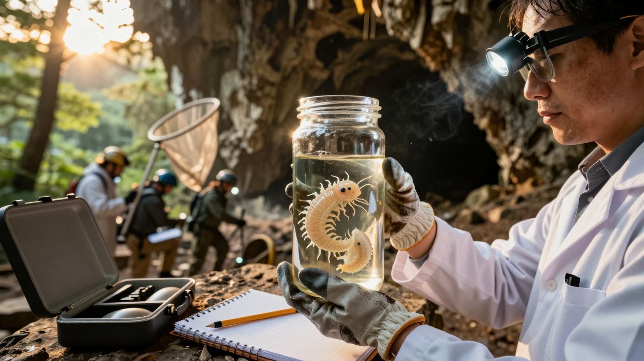 Cientista examina criatura num frasco, com colegas ao fundo em exploração de caverna.
